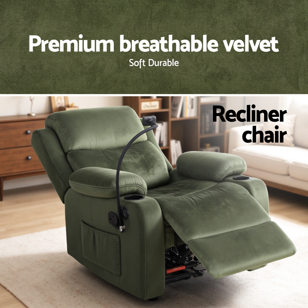 Artiss Recliner Chair Heated Massage Chair with Phone Holder Velvet — image 6