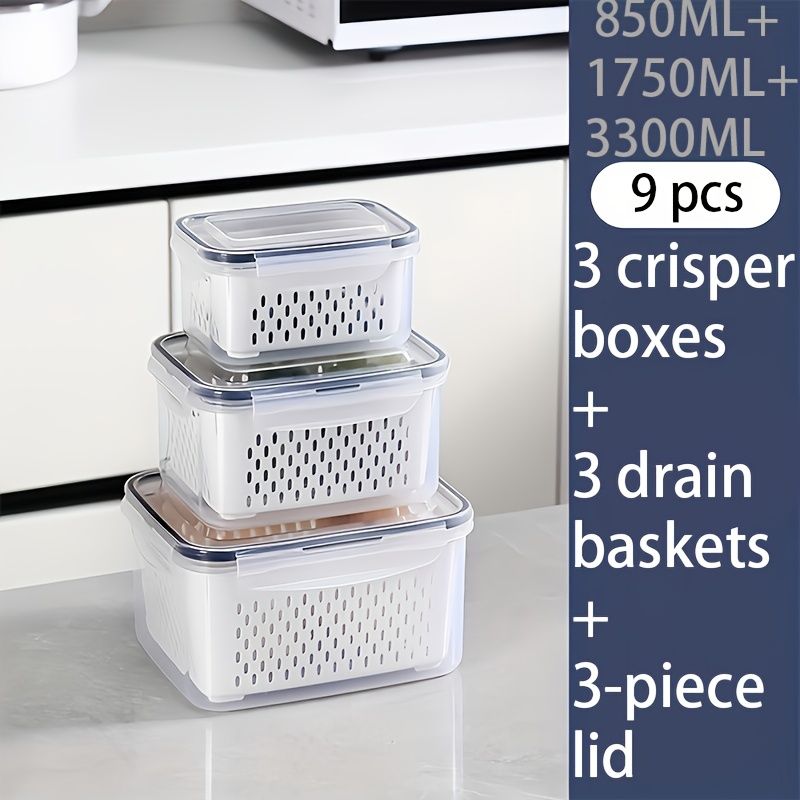 9-piece set (3 containers + 3 lids + 3 draining baskets) plastic food storage box - leak-proof, freezer-safe, reusable multi-functional kitchen storage box — image 2