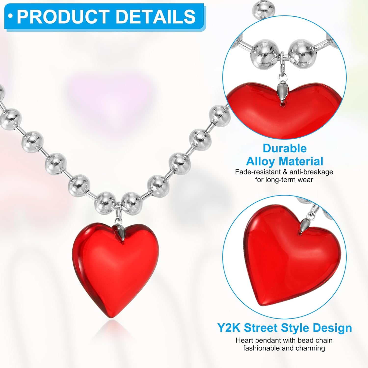 Glass Heart Shape Pendant Necklace, Alloy Chain Love Charms Necklace Red — image 3