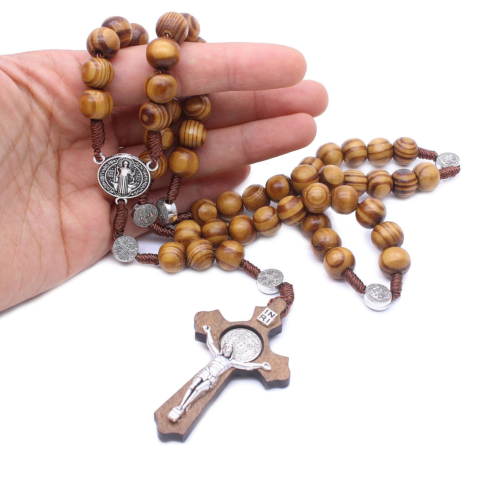 Wood Beads Rosary Necklace Saint Medal & Catholic Cross Religious Prayer Chaplet String Handmade, brown — image 3