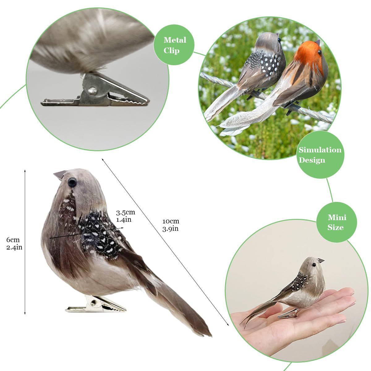 3D Small Artificial Sparrow 3.9" Clip on Feather Birds Ornaments for Craft Garden Christmas Tree Decoration Home Decor (6pcs) — image 4