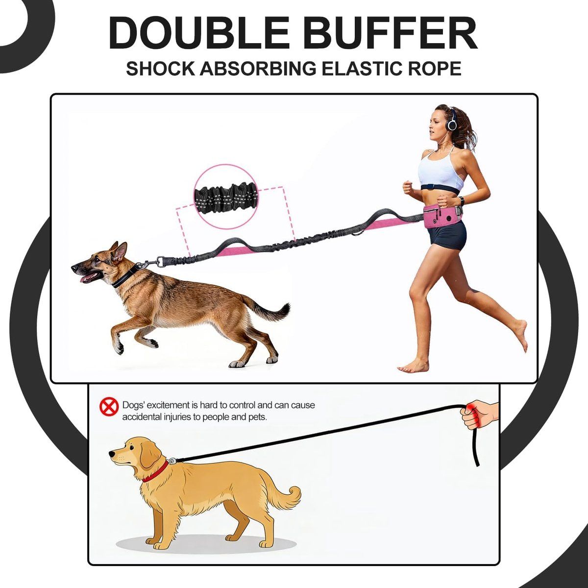 Hands Free Dog Leash With Adjustable Waist Belt, Shock Absorbing Bungee, Reflective Lead, Pockets And Bottle Holder, Pink — image 3