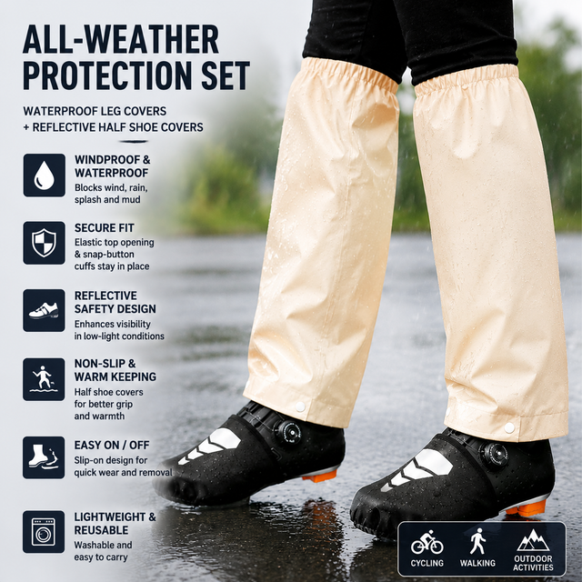 Beige Waterproof Windproof Cycling Shoe Covers & Long Half Rain Pants Set โ 2 Pairs Nonslip Reflective Half Toe Shoe Covers and 1 Pair Quick Pull-On Adjustable