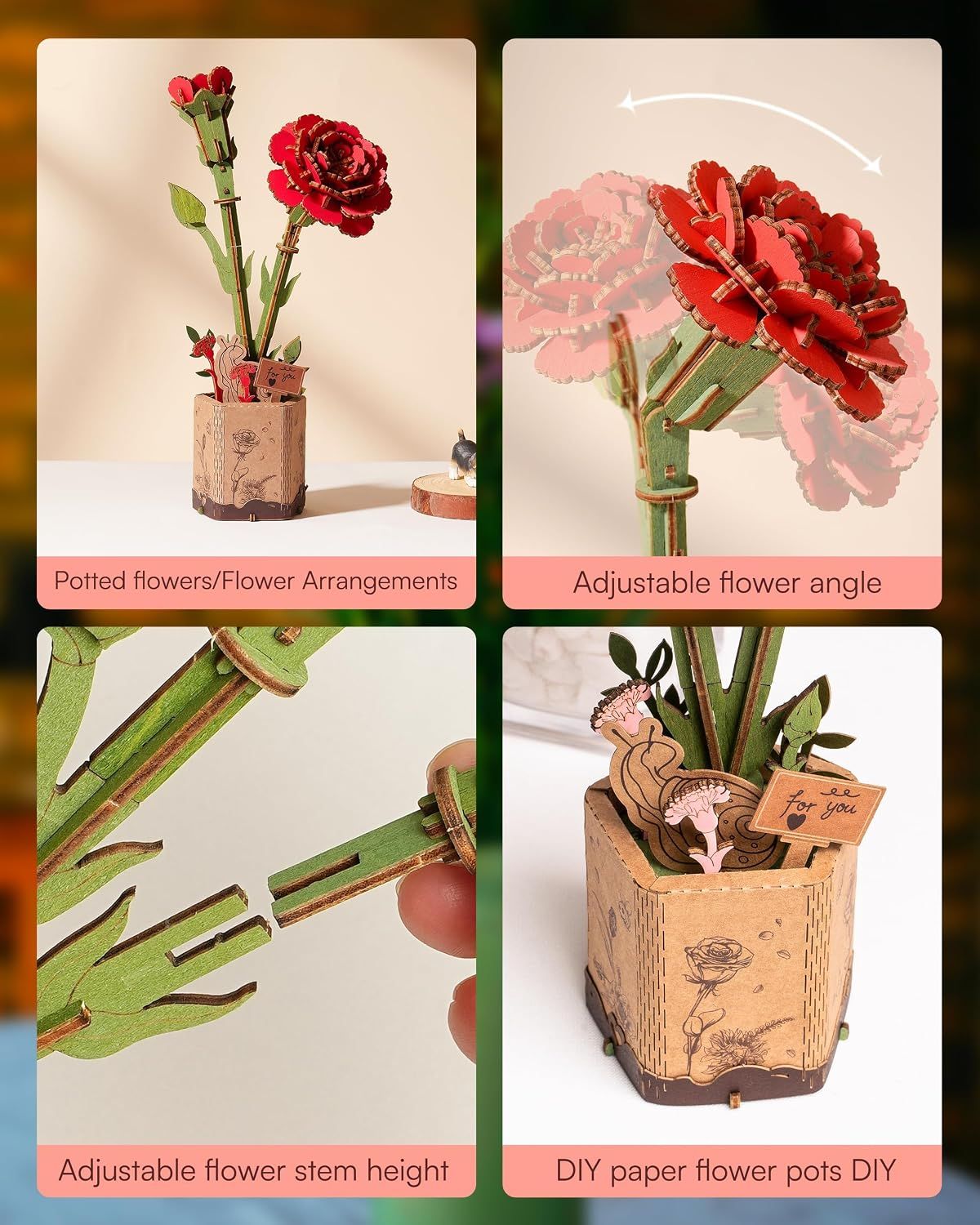 3D Flower Wooden Puzzles for Adults-Red Carnation, DIY Wooden Flowers Model Kit Building Set Crafts for Adults to Build, Botanical Collection/Ideal — image 4