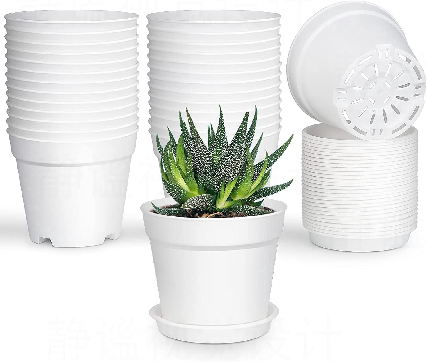Pots for Plants, 8 Pack 4.8 inch Plastic Planters with Multiple Drainage Holes and Trays - Plant Pots for All Home Garden Flowers Succulents (White)