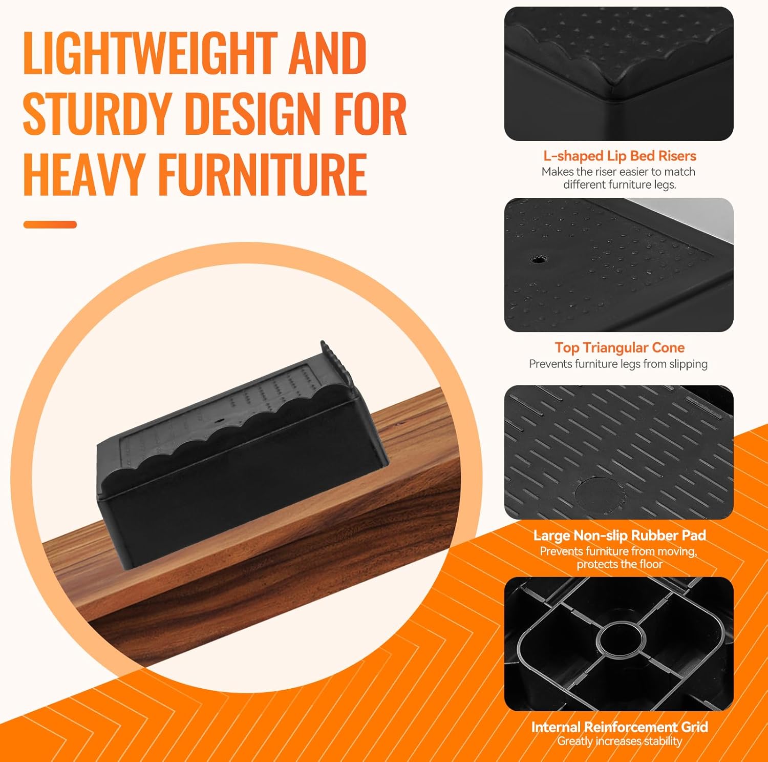 Furniture Risers, 4 Pack Bed Risers with Non-Slip Grip and Heavy Duty Support, 1 Inch 2 Inch 3 Inch 4 Inch Height Lift for Couch, Sofa, Table, Desk, Chair — image 4