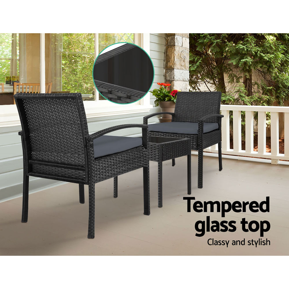 Gardeon 3PC Patio Furniture Bistro Set Wicker Outdoor Lounge Setting Black โ image 5