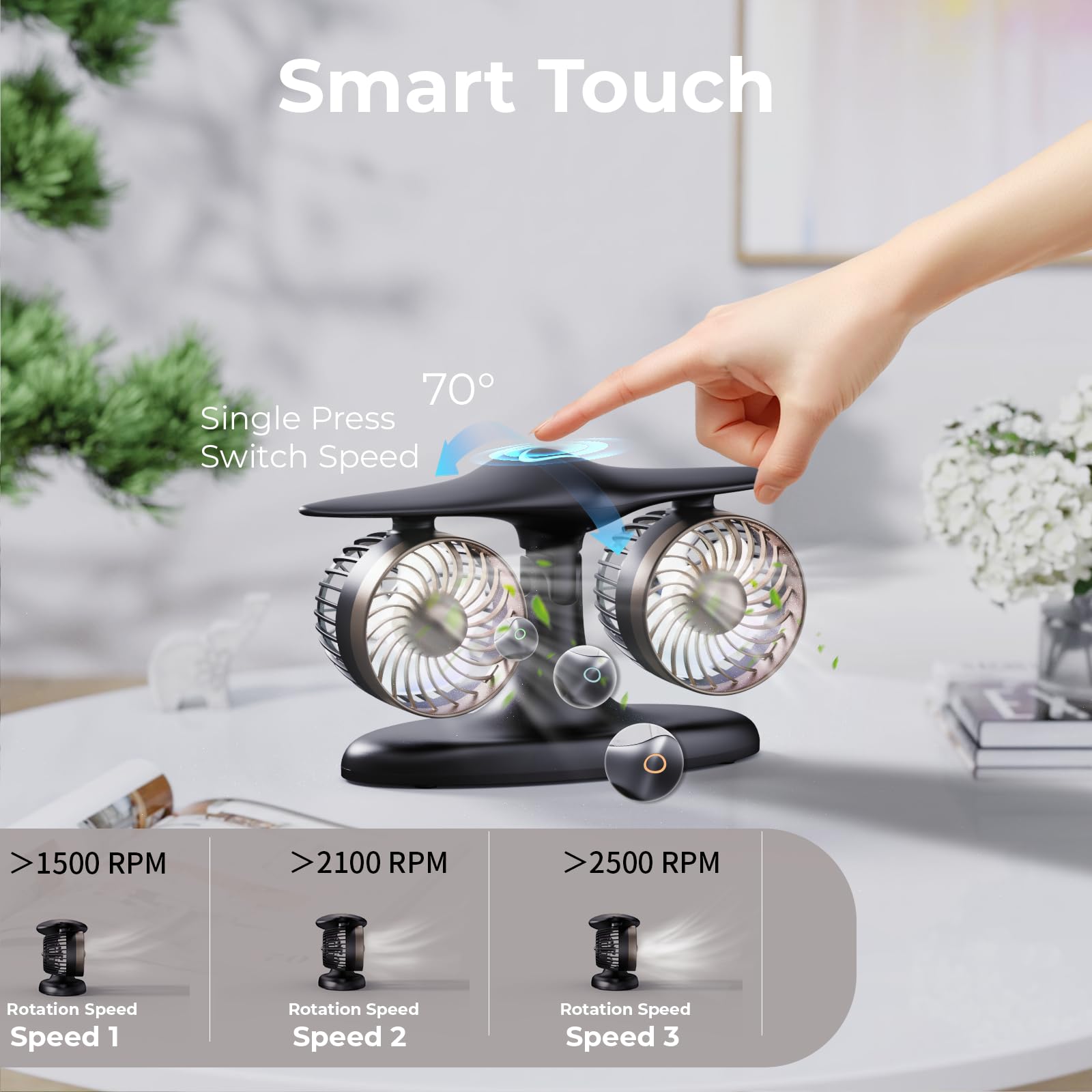 Dual Turbine Desk Fan with Aircraft Design – Wireless, Quiet, 3-Speed Touch Control for Home, Office, Bedroom, Portable Cooling (Black) — image 5