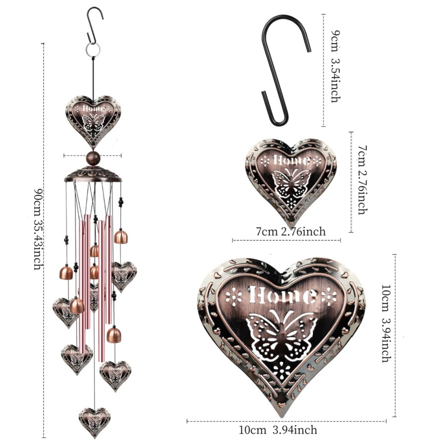 90cm Large Bronze Hearts Vintage Metal Tube Wind Chimes - Handcrafted Musical Hanging Decor for Garden and Home with Hanging Hook — image 2