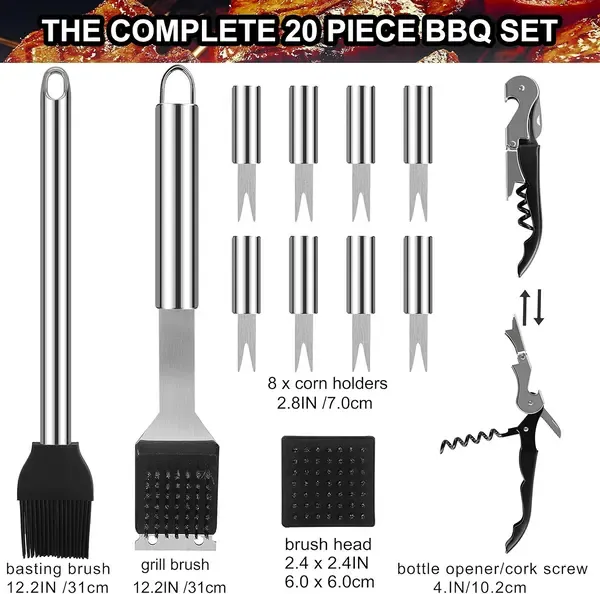 20 Piece Stainless Steel BBQ Grill Tool Set with Spatula, Tongs, Fork and Aluminium Case for Camping, Picnics and Outdoor Cooking — image 3