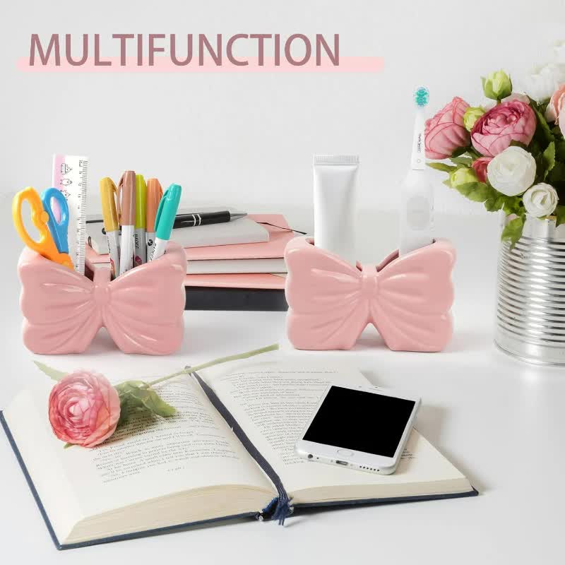 White Chic Bowknot 2-Slot Toothbrush Holder - Resin Retro Cute Desktop Decorative Stand โ image 3