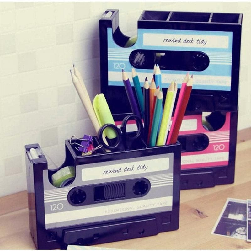 Retro Cassette Tape Style Pen Holder with Tape Dispenser Desktop Organizer - Pink — image 6