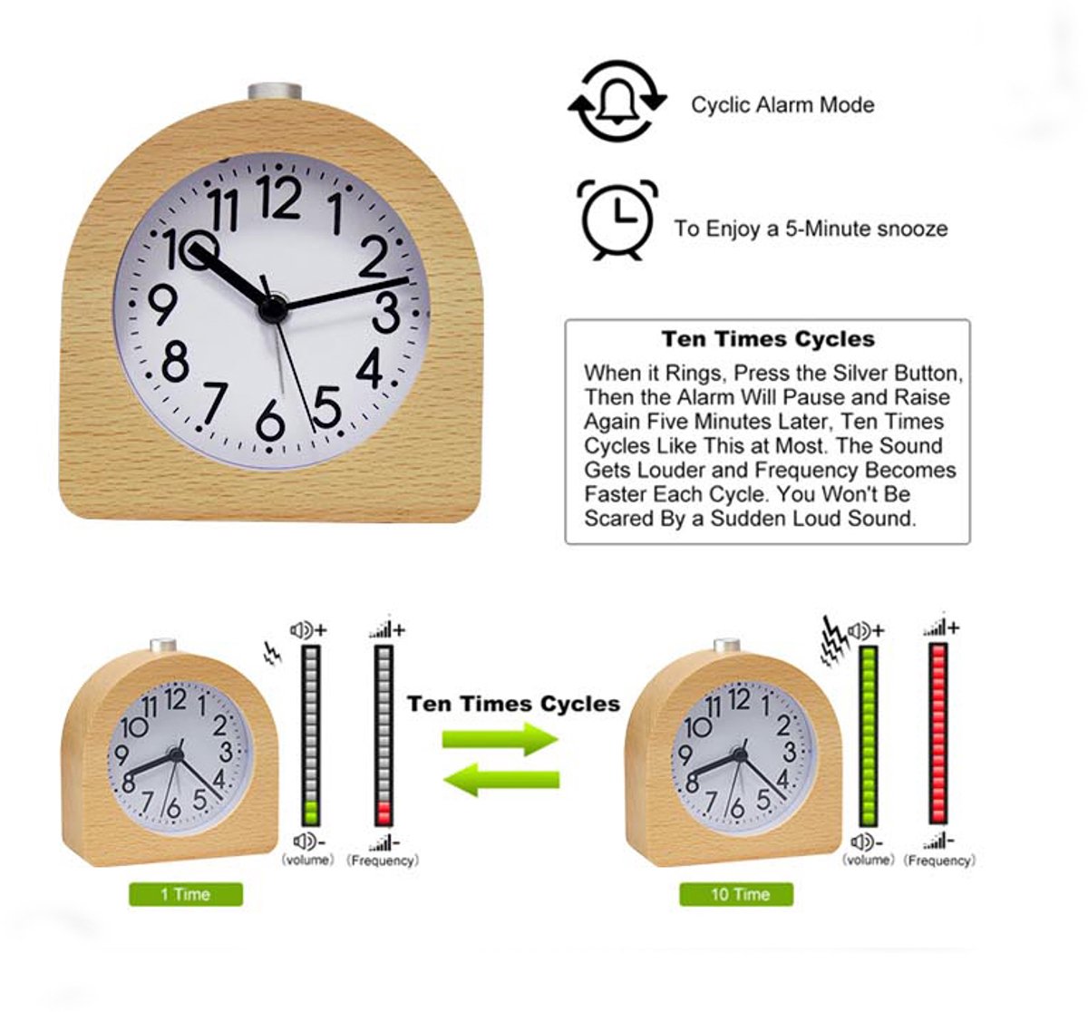 Wekker analog wooden clock with snooze function - Wekker Vintage with luminous Klok - Silent vintage wooden desk clock with no ticking sound - Light brown — image 3