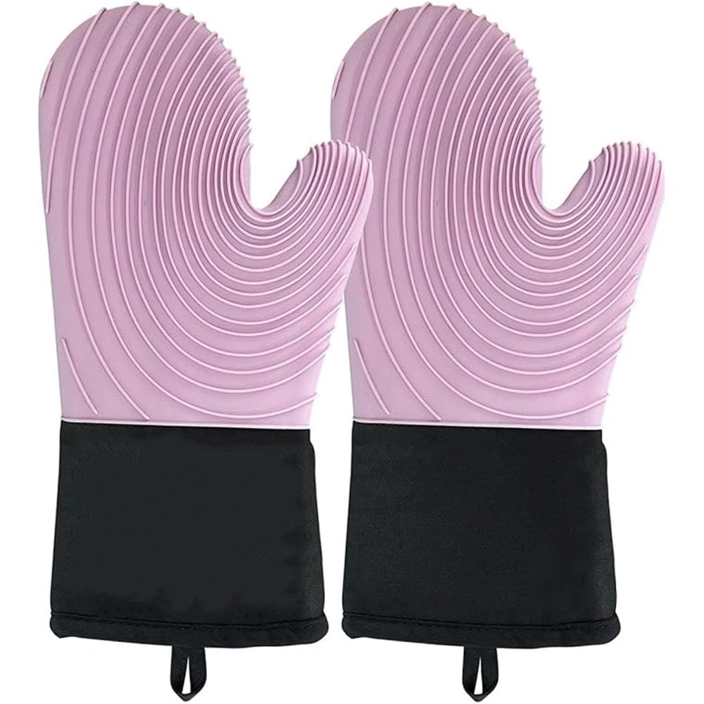 A pair of Silicone Oven Mitts- Extended Oven Mitts Heat Resistant, Oven Gloves with Soft Liner Good to Clean Flexible-Oven Mits Set for Cooking Baking Grilling