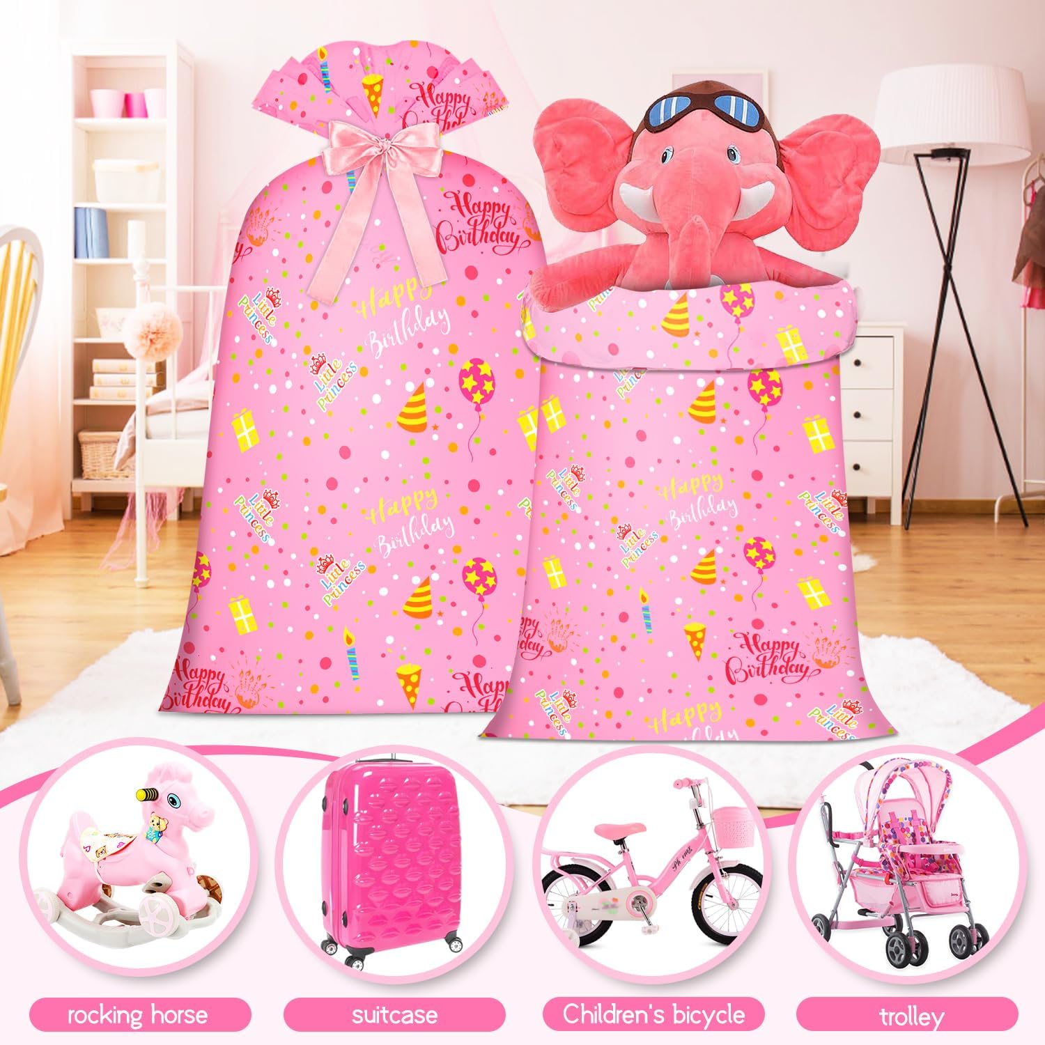 Extra Large Gift Bag Girl Birthday Jumbo Gift Bag, Bday Pink Giant Plastic Oversized Gift Bag Huge Gift Wrap Bag Birthday Bag Wrapping Bag for Large โ image 2