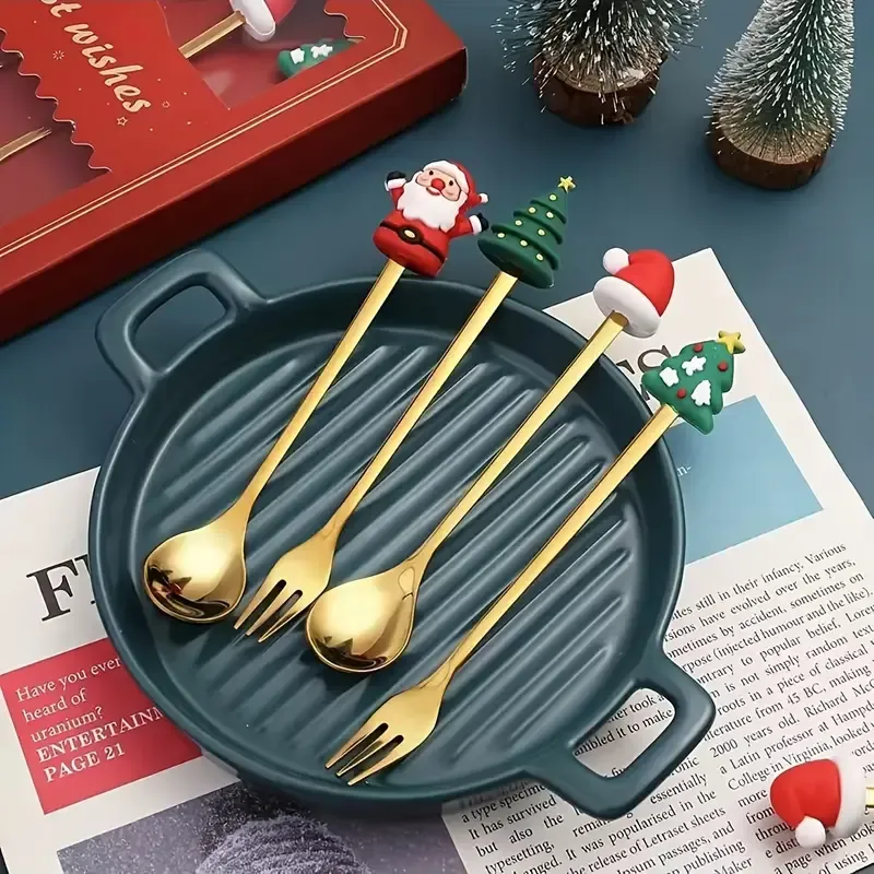 4PCS Christmas Cartoon Spoon & Fork Set – 3D Toppers, Gold Stainless Steel Dessert & Coffee Spoons, Fruit Forks, Festive Table Decor, Elegant Gift Box — image 2