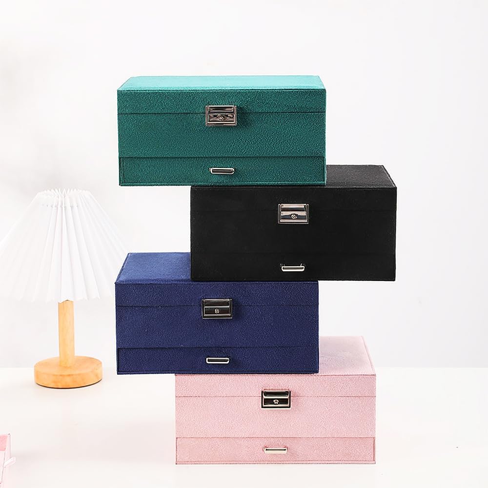 3-Layer Velvet Jewellery Box with Lock, Large Storage Organiser with Drawers and Compartments for Rings and Watches, Pink โ image 5