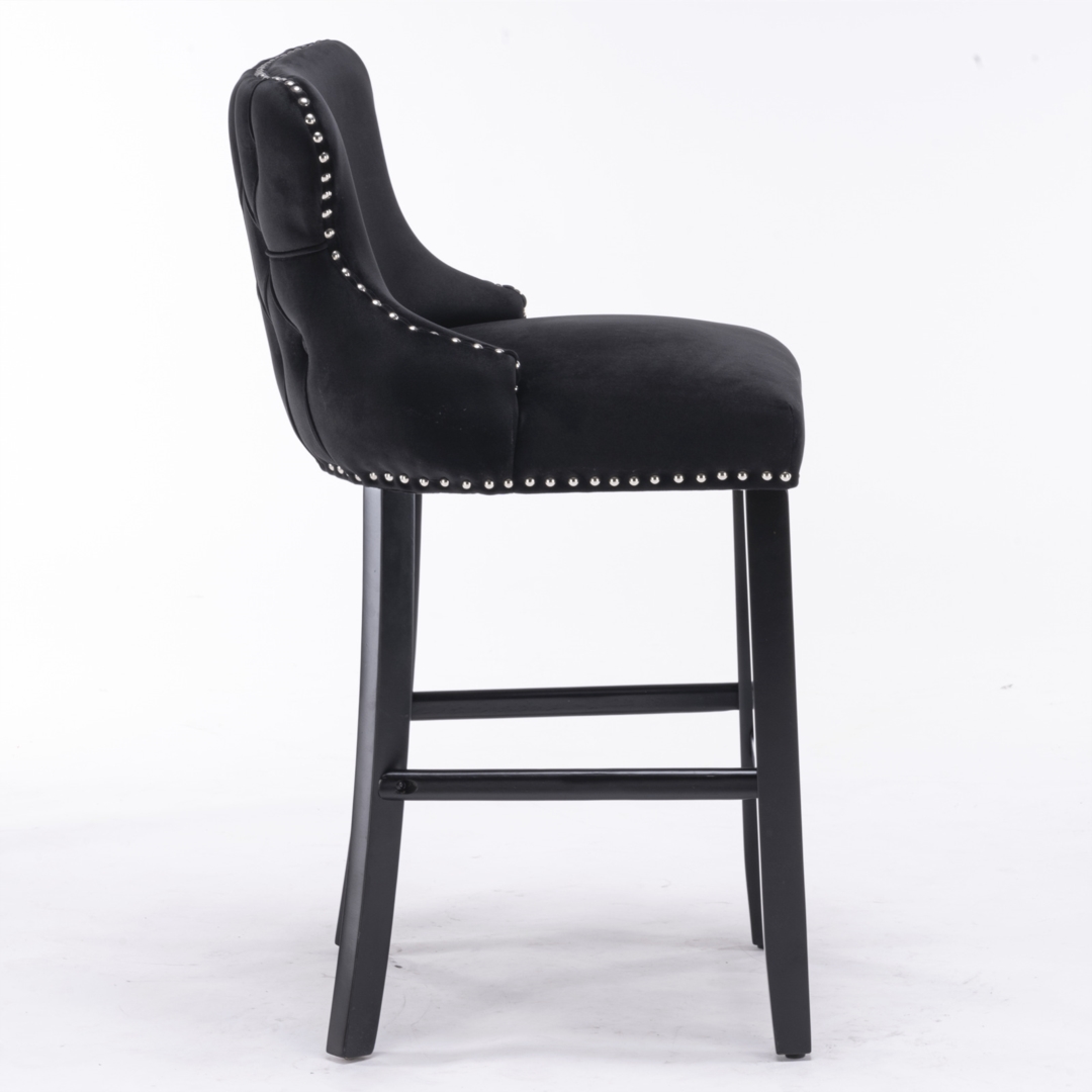 2x Velvet Upholstered Button Tufted Bar Stools with Wood Legs and Studs-Black โ image 4