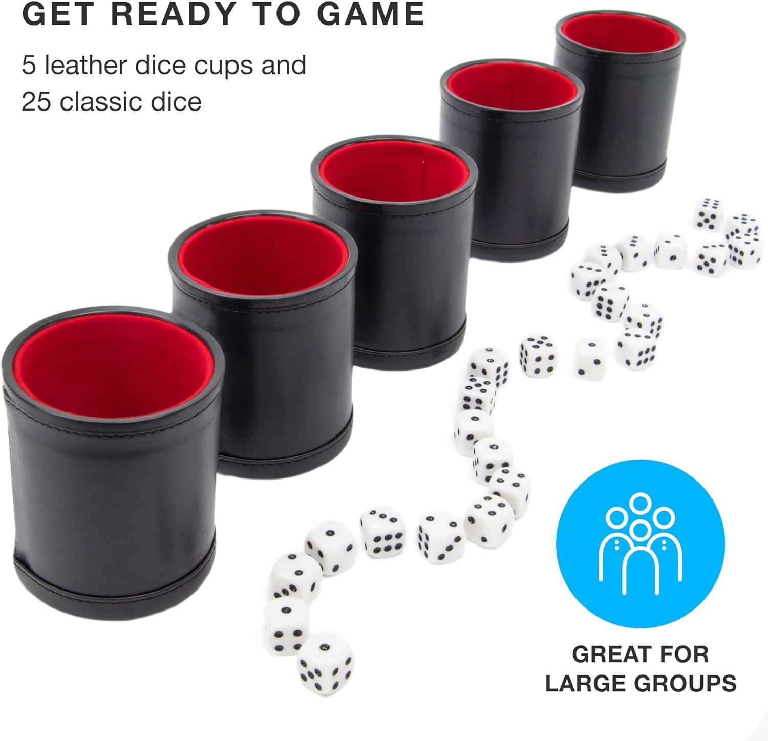 Professional Shaker Cups | Leather with Velvet Felt-Lined Interior | 5 Red Lined Cups and 25 Dice Set
