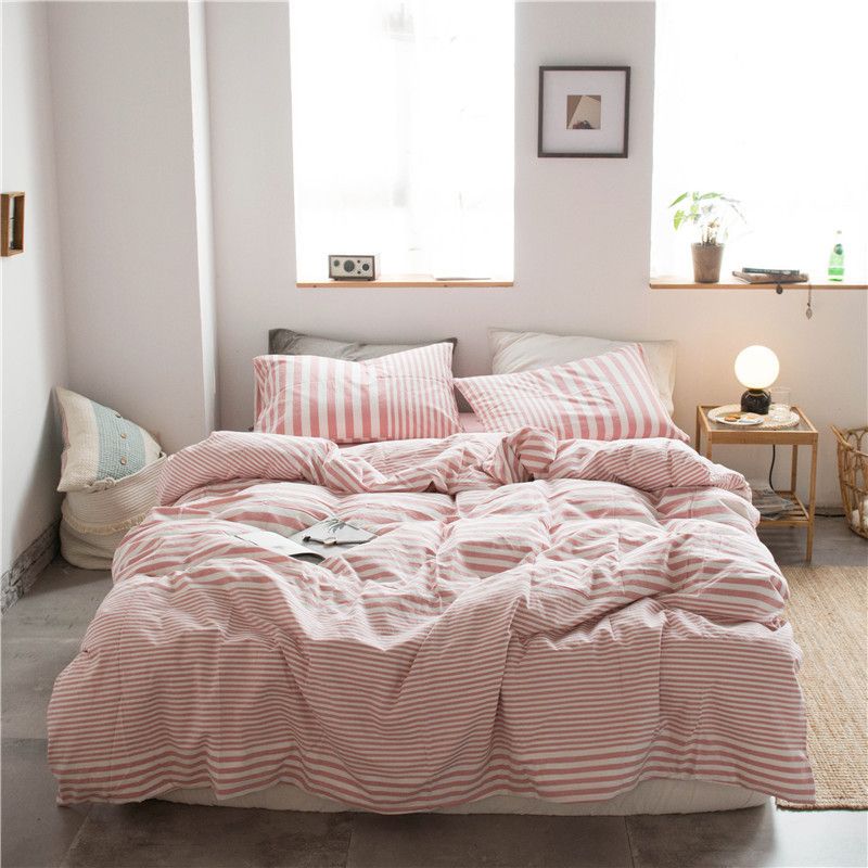 Cotton 4 Piece Set Modern Minimalist White Bed sheet kit_1.8m bed-quilt cover 200 × 230cm (four-piece set)