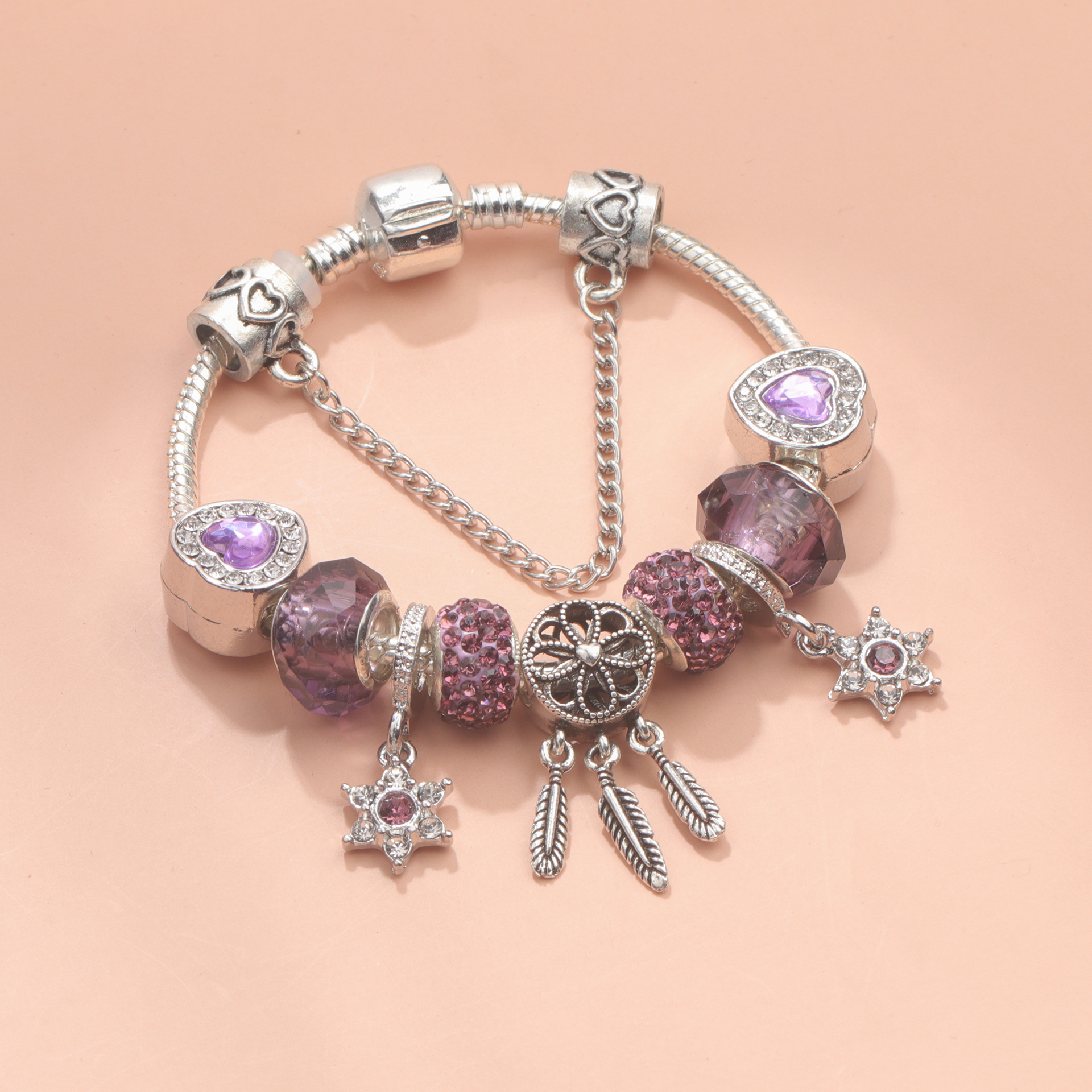 Purple Crystal Beaded Charm Bracelet with Star & Dreamcatcher Pendant, Rhinestone-Embedded DIY Alloy Bracelet(18cm) โ image 5