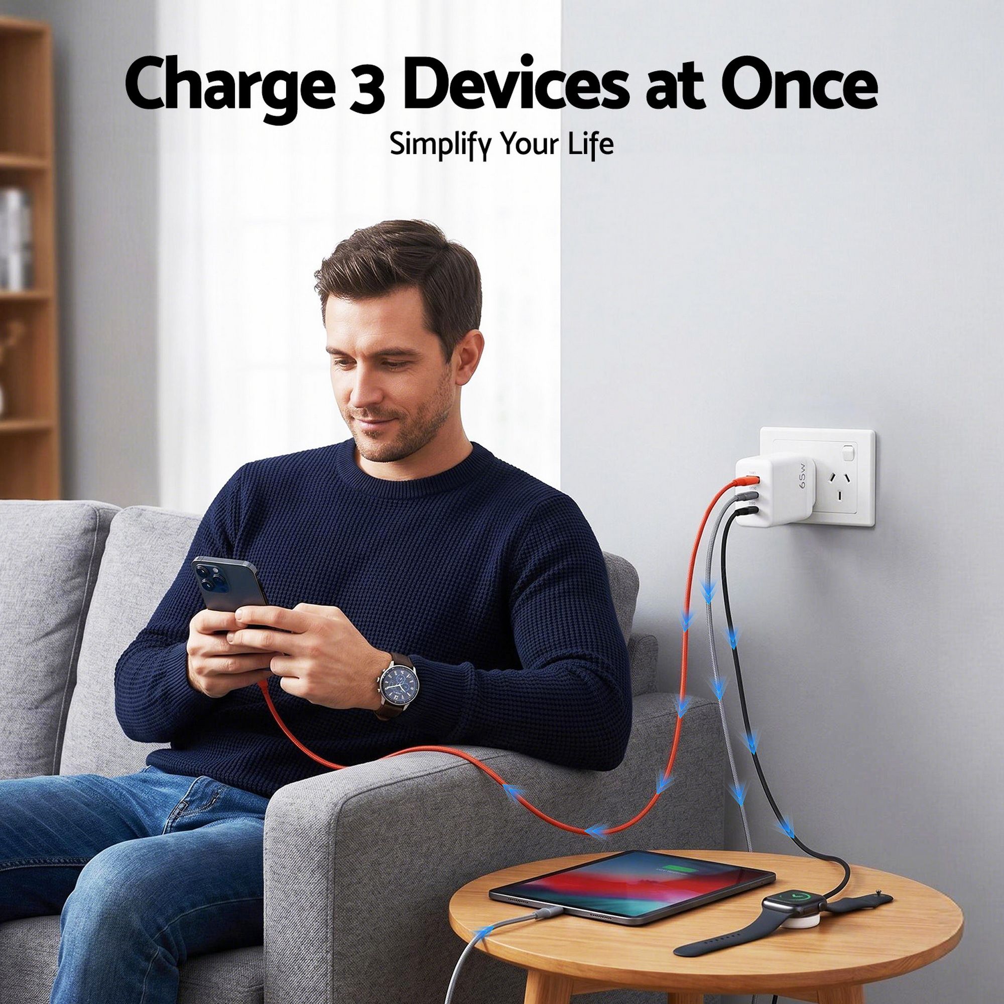 Devanti USB C Charger 65W Fast Charger 3 Port PD Wall Adapter White โ image 5