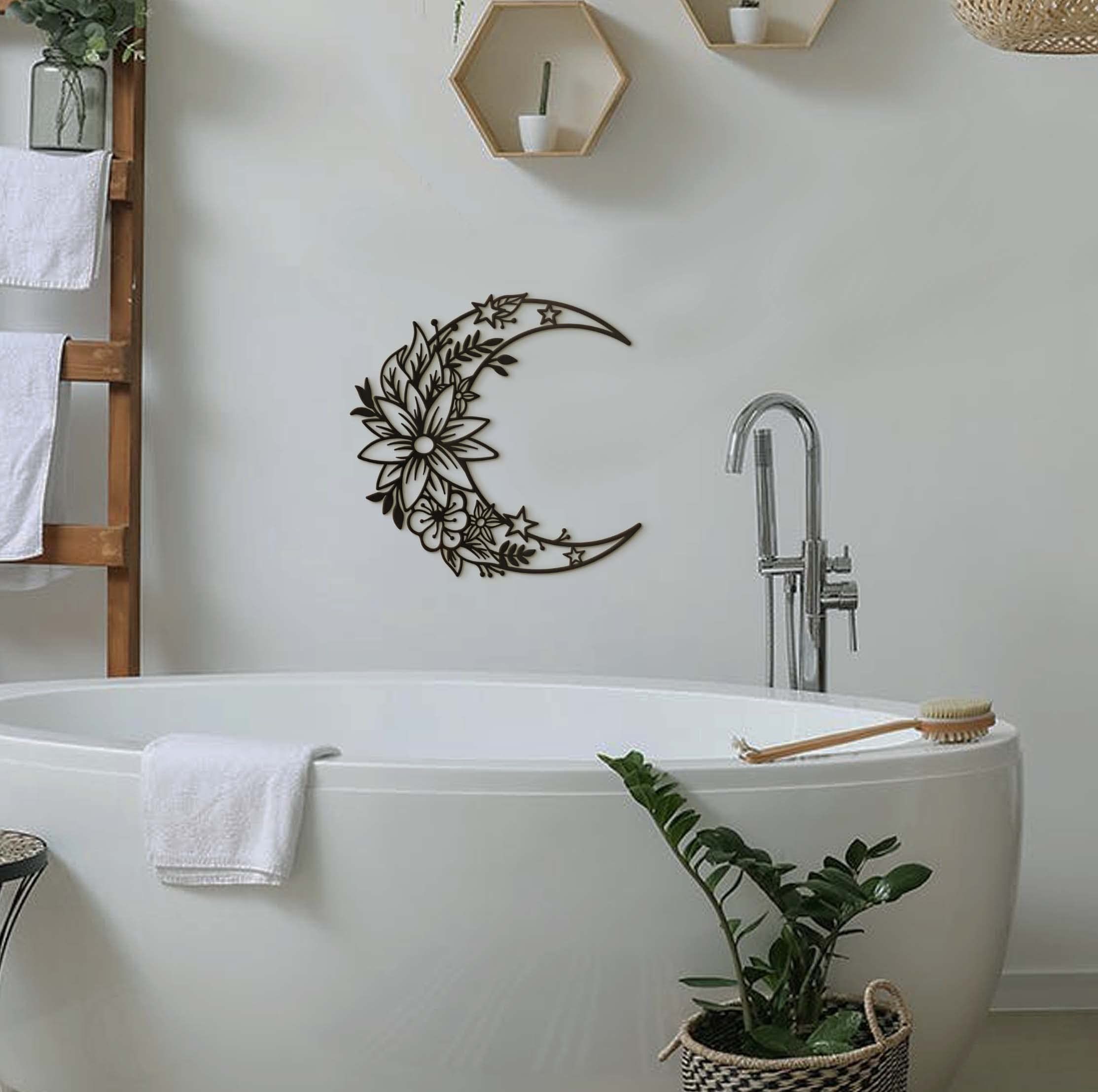 Moon Metal Floral Art Decor - Black Large Floral Moon and Star Phase Wall signs for Half Moon Flower Sculpture Hanging Wall โ image 4