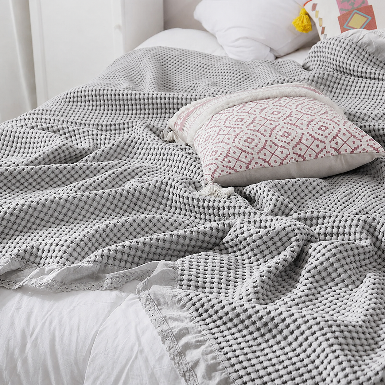 Cotton Waffle Blanket - Grey Textured Throw 150x200cm for Sofa, Office and Travel Use โ image 2