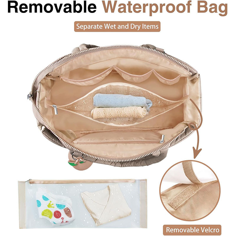 Khaki Stylish Quilted Nylon Tote Bag - Large Capacity Diaper Nappy Bag for Travel & Stroller with Adjustable Straps โ image 4