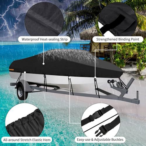 Waterproof Boat Cover 21-24ft Square Bow Jon Boat & Pontoon UV Resistant Marine Storage Tarp Wide Beam (Black, 750cm x 360cm) โ image 4