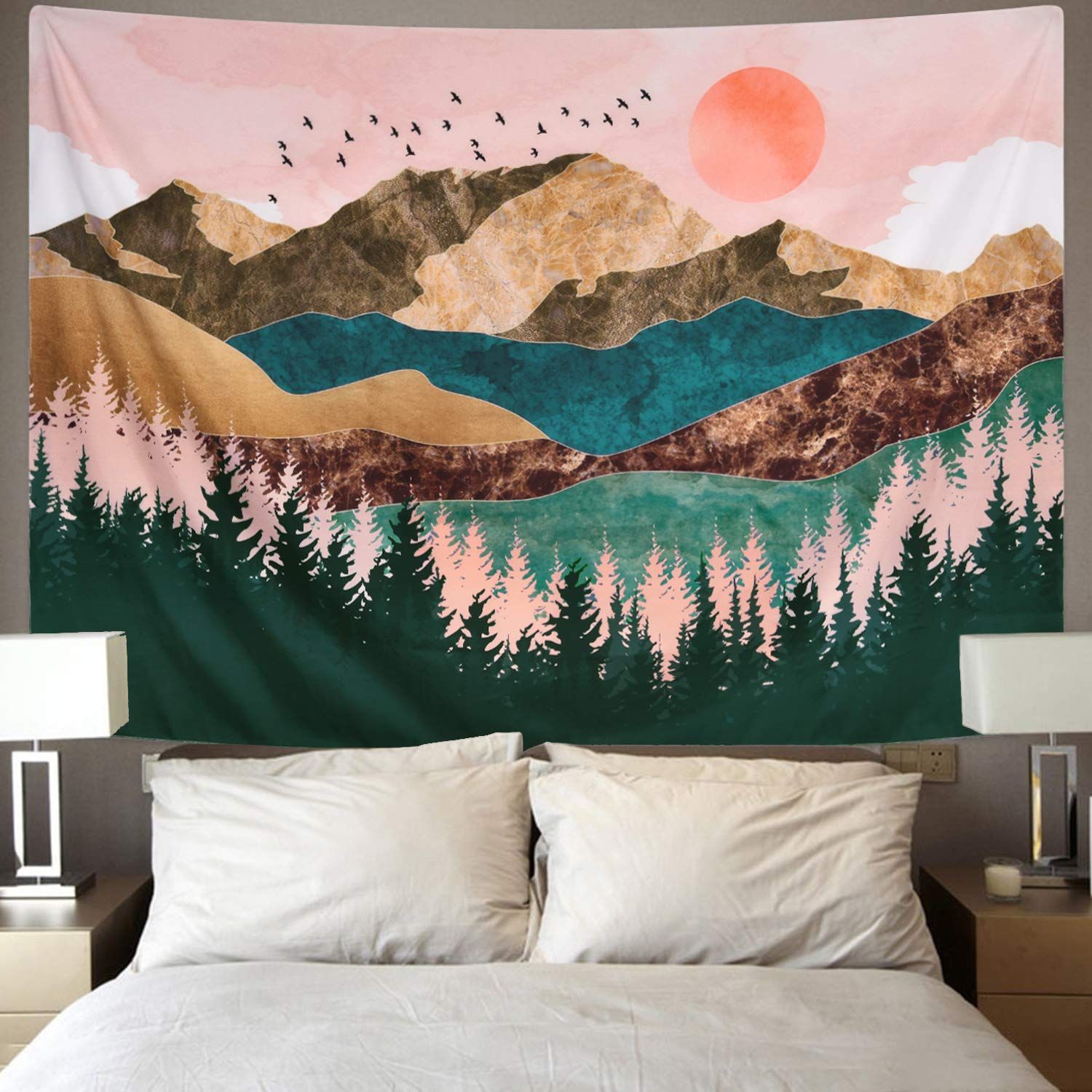 Mountain Tapestry Forest Tree Tapestry Sunset Tapestry Nature Landscape Tapestry Wall Hanging for Room — image 2