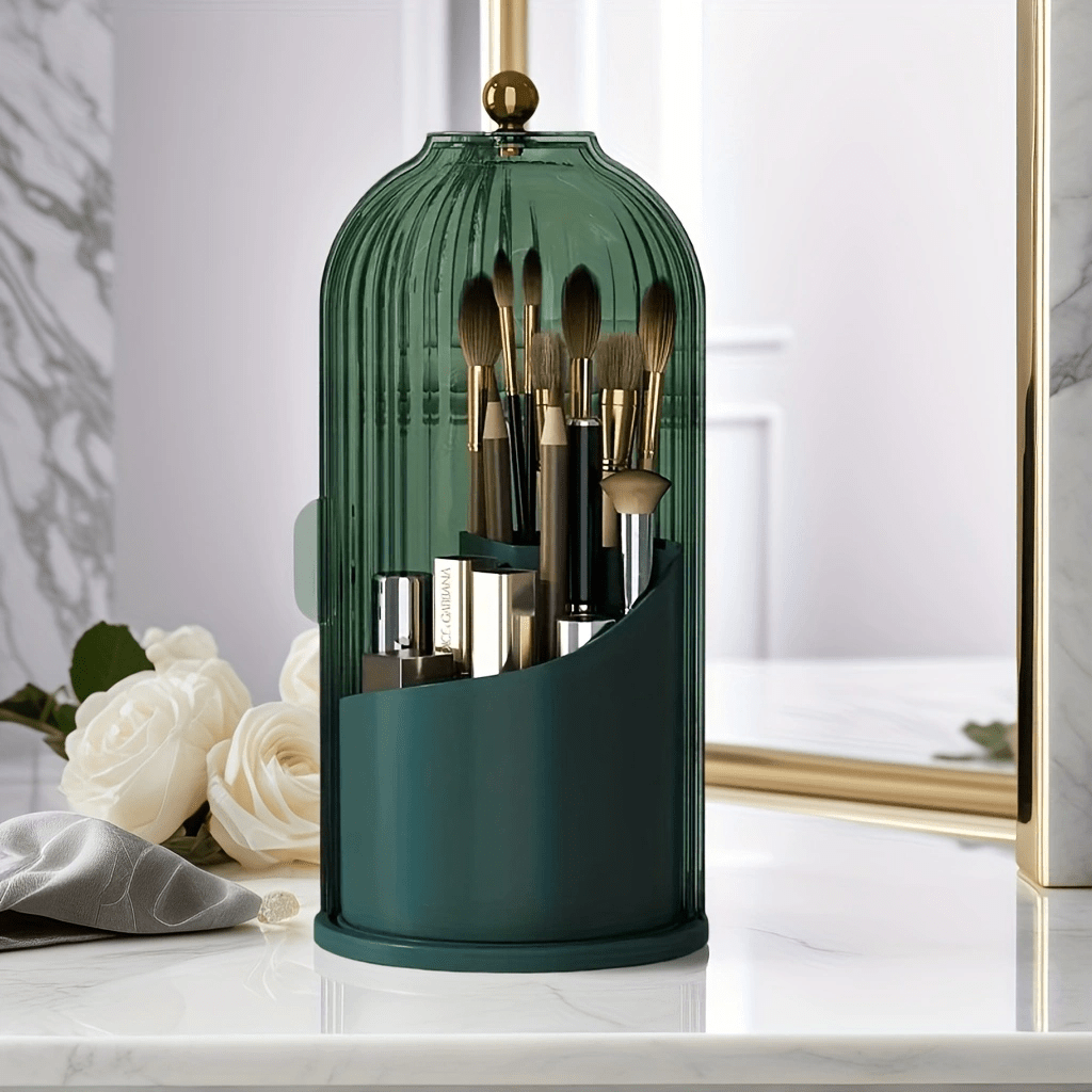 Transparent Rotating Makeup Brush Holder: 360° Rotation for Easy Access, Dust-Proof with Compartments, Neat and Portable(Transparent green) — image 2