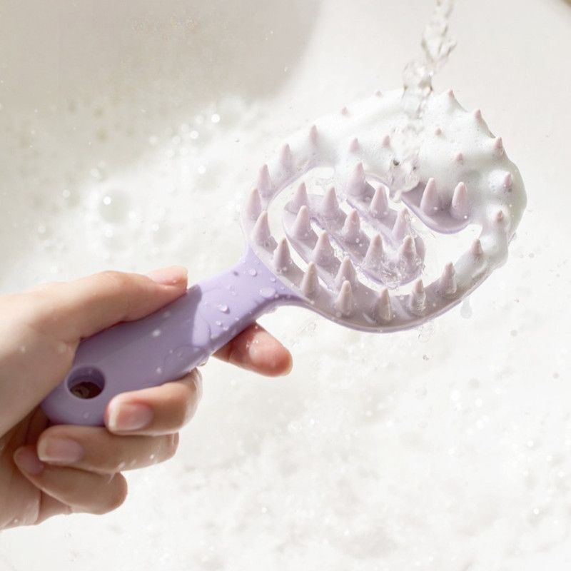 Long-Handled Hollow Hair Shampoo Brush, TPR Soft-Bristle Scalp Massager, for Wet & Dry Hair—Purple — image 4