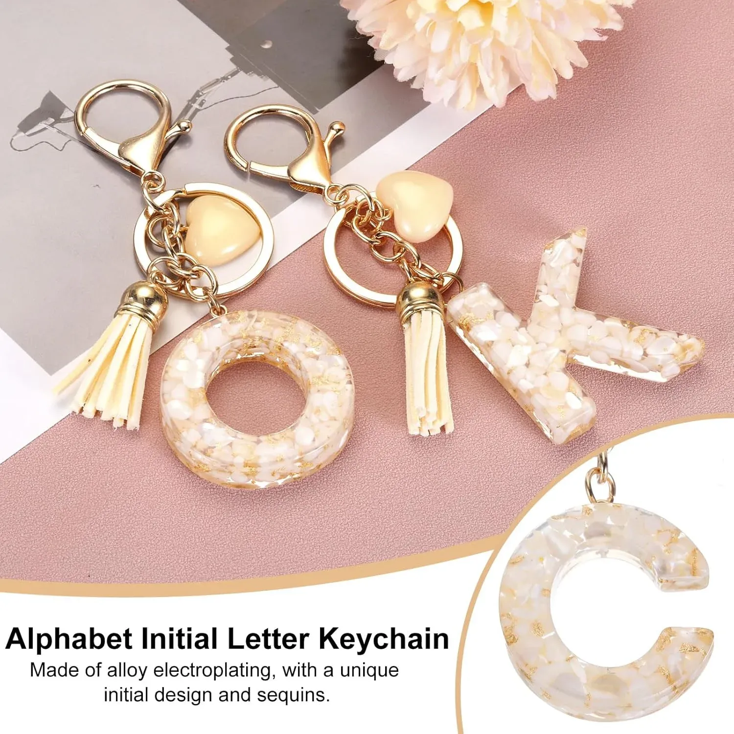 Initial Letter Keychain with Tassel and Lobster Clasp for Bag Purse Keys, Cream Gold C, Letter C Option, Daily Comfort Use — image 4