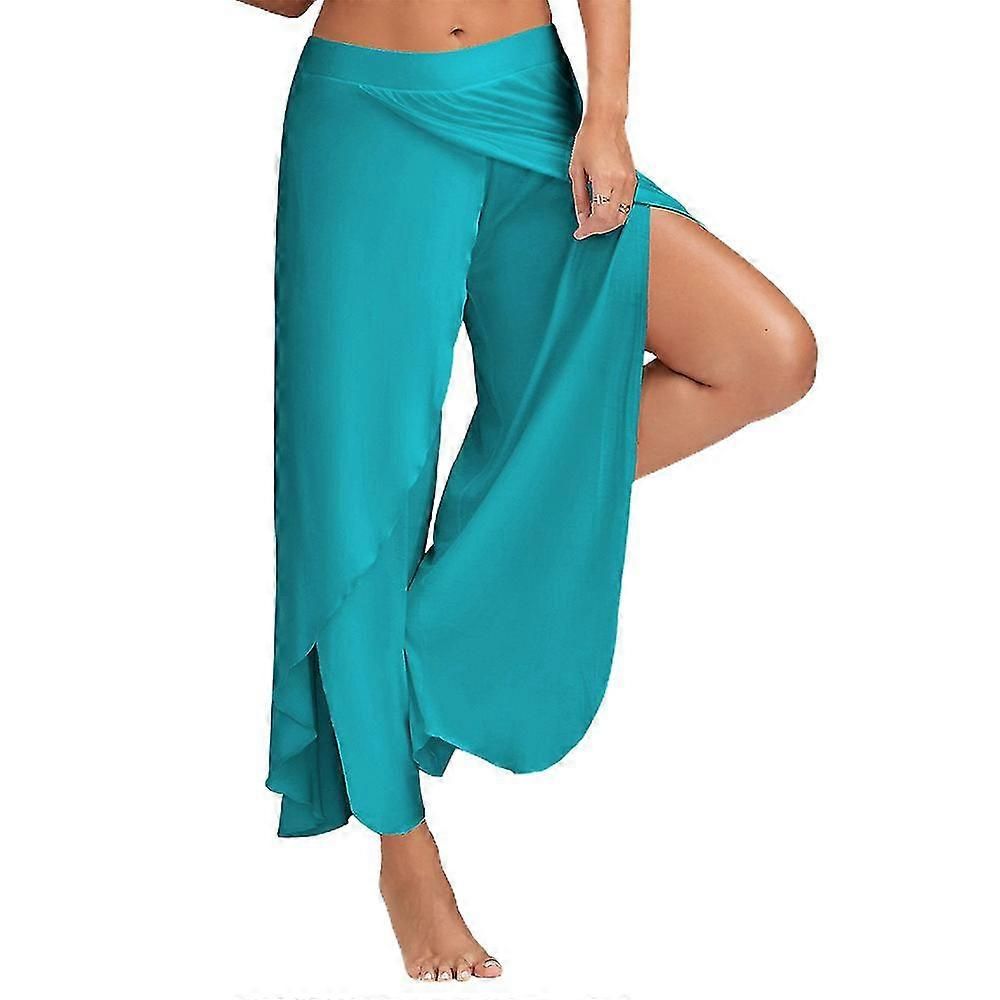 Women's Harem Palazzo Pants Wide Leg Split Flowy Loose Fit Casual Yoga Trousers Plus Blue - L