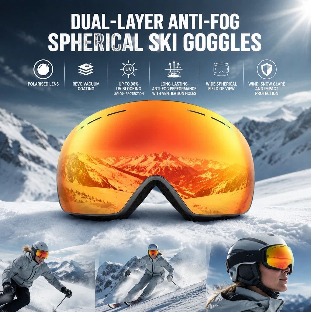 Premium Anti-Fog Ski Eyewear UV400, Black Frame, Black Coating Lens + Striped Black White Strap — image 2
