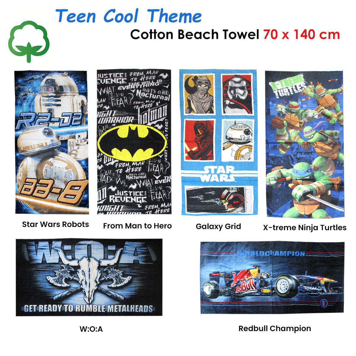 Teen Cool Theme Cotton Beach Towel 70 × 140 cm Star Wars Robots R2-D2 BB-8 — image 3