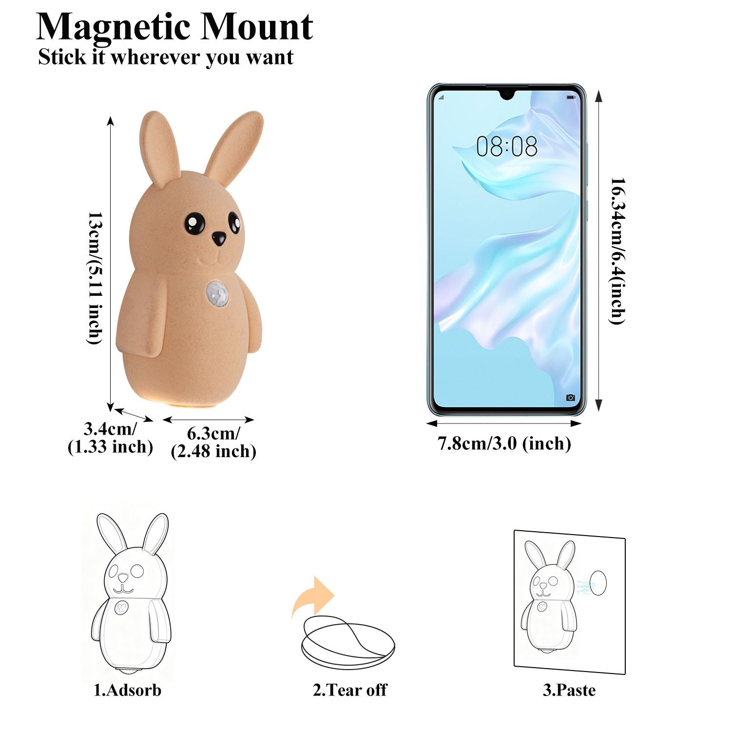 Adorable bunny-shaped motion sensor wall light with magnetic mounting, flicker-free LED, and three color temperatures—perfect for bedrooms, hallways, and — image 2