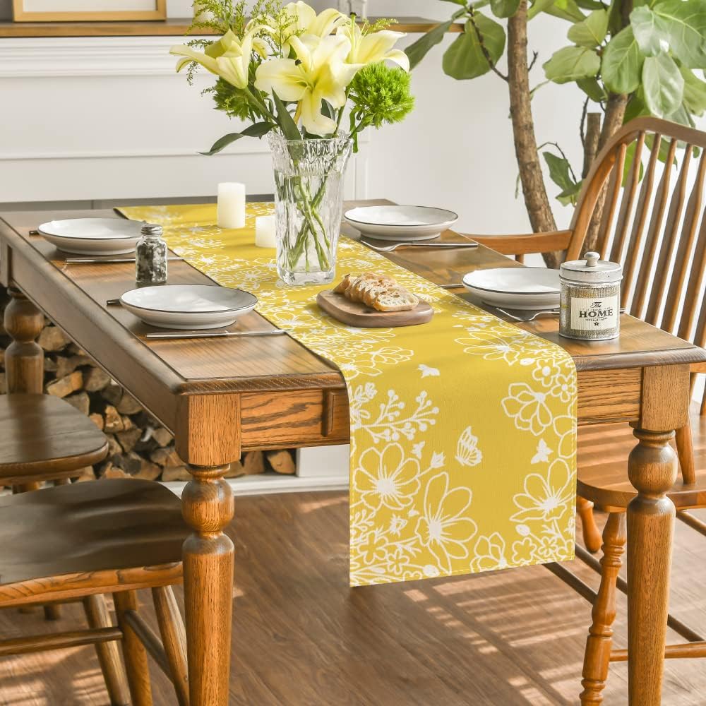 Yellow Bloom Flowers Butterfly Spring Table Runner, Seasonal Holiday Kitchen Dining Table Decoration for Home Party Indoor 13 × 72 Inch — image 4