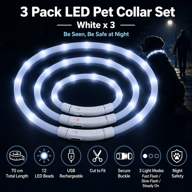 3PCS White USB Rechargeable LED Pet Collar Set – 70cm Cuttable Silicone Glow Dog Collar with 12 LED Beads, 3 Flash Modes and Secure Buckle Design, Night Safety