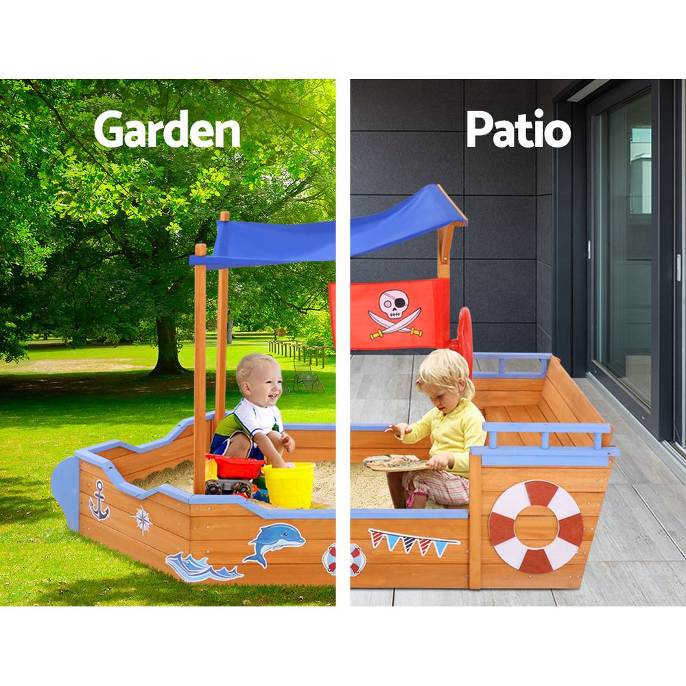 Keezi Kids Sandpit Wooden Boat Sand Pit with Canopy Bench Seat Beach Toys 165cm โ image 4