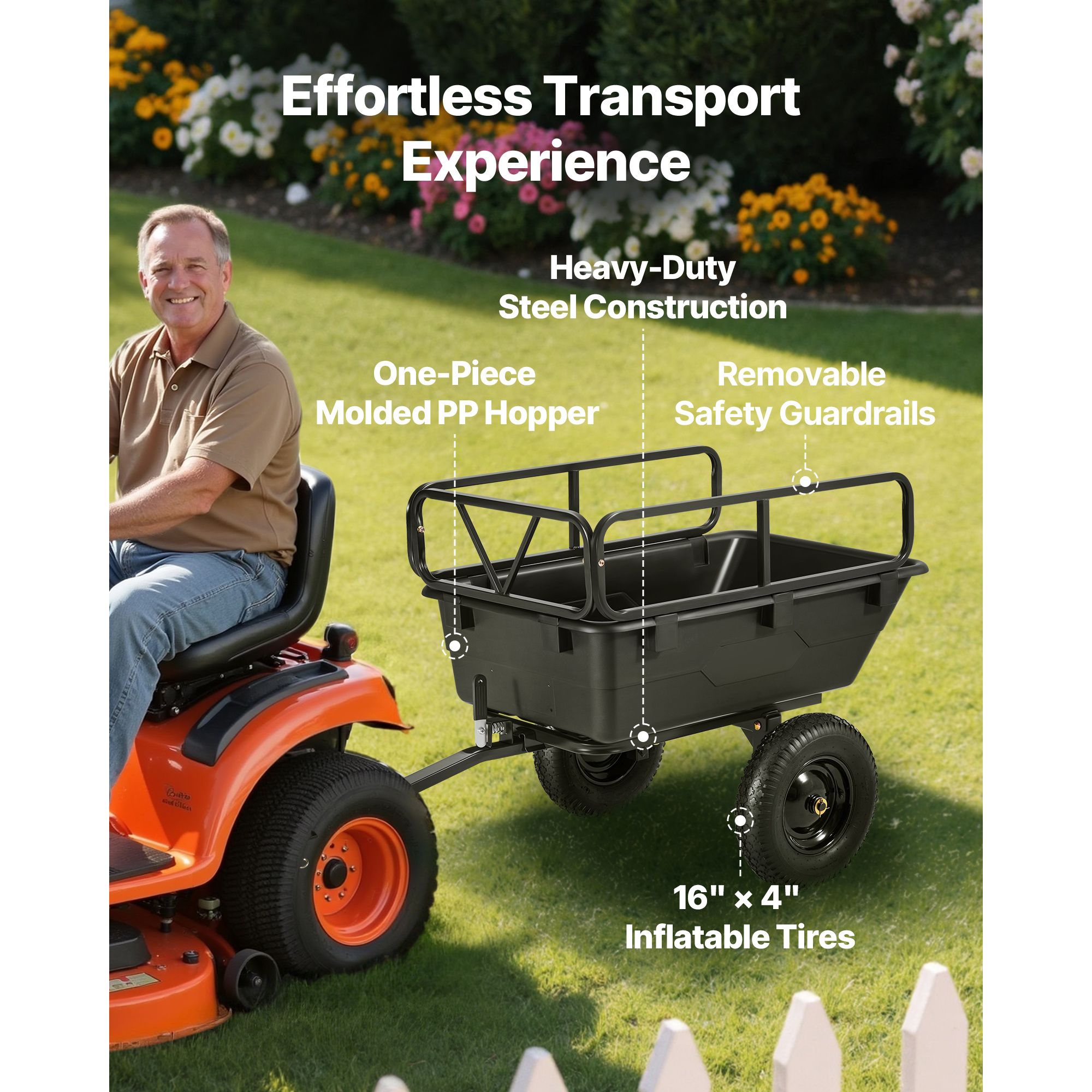Garden Utility Trailer, 10 Cu. Ft 227 kg, ATV UTV Hauling Trailer, Tow Behind Poly Dump Cart with 16" Tires, Hand Pull or Foot Pedal, Heavy Duty Yard Trailers — image 3