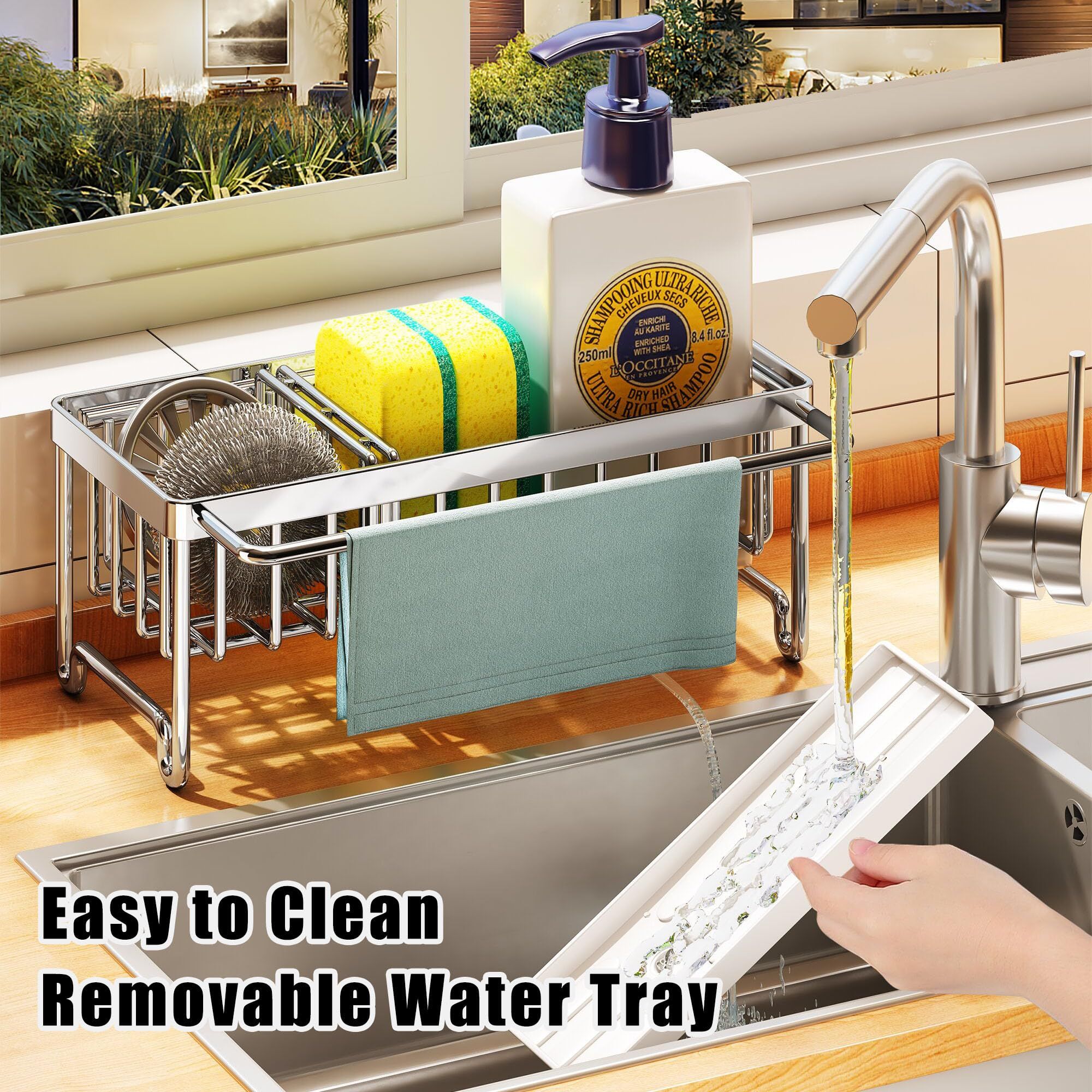 Dish Sponge Organizer with Divider, Rustproof 304 Stainless Steel Dish Brush Holder Storage for Bathroom, Silver — image 5
