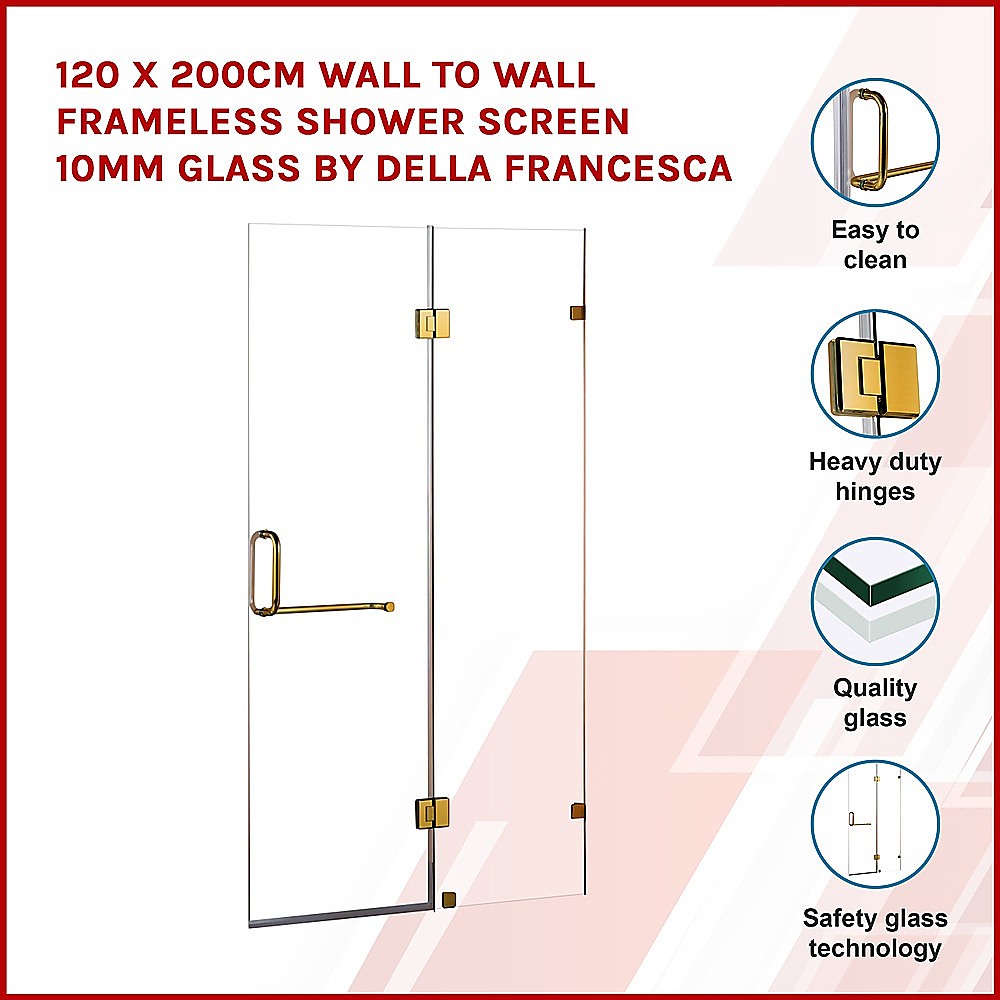 120 x 200cm Wall to Wall Frameless Shower Screen 10mm Glass By Della Francesca — image 3