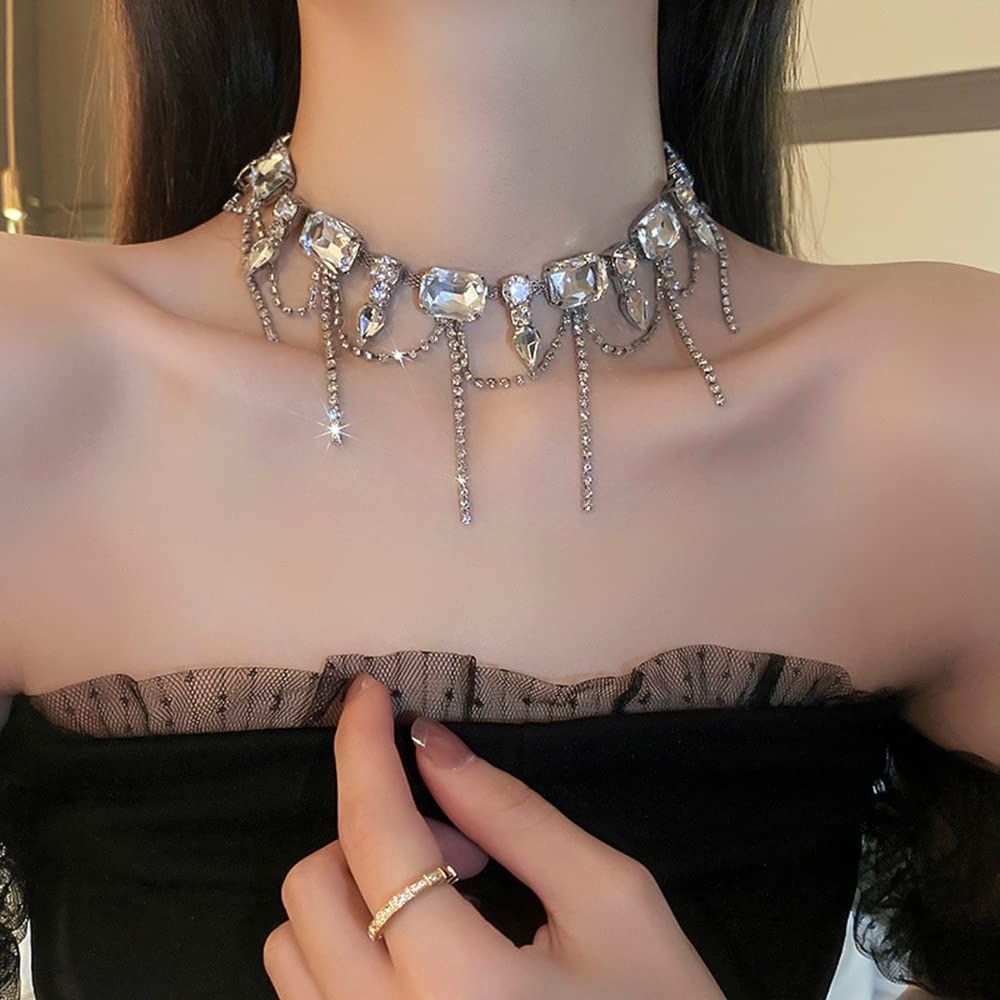 Necklace for Women Full Rhinestone Tassel Necklace Boho Bridal Necklaces for Wedding Prom Party Silver Layered Chain Necklaces — image 4