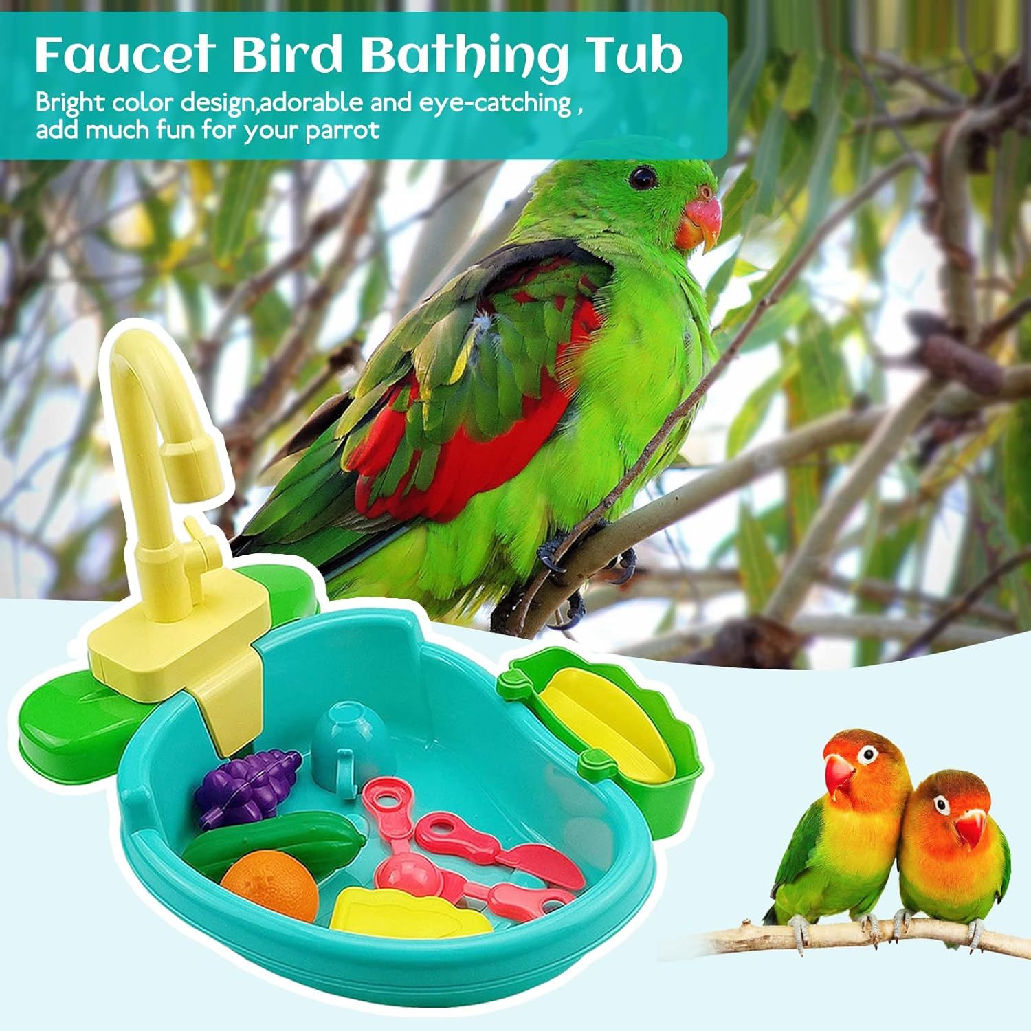 Pet Bath Tub for Bird Parrot,Parrot Automatic Bathtub with Faucet Bird Shower Bathing Tub Bird Feeder Bowl — image 4