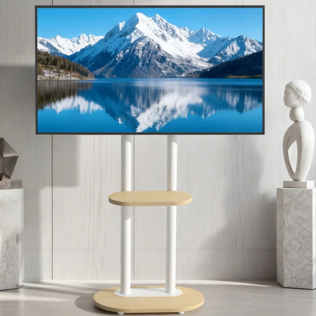 40-75 Inches Heavy Duty Mobile TV Floor Stand with Wooden Shelf, Height Adjustable Rolling TV Mount for Flat Screen, Free-Standing Steel TV Bracket with Wheels — image 2