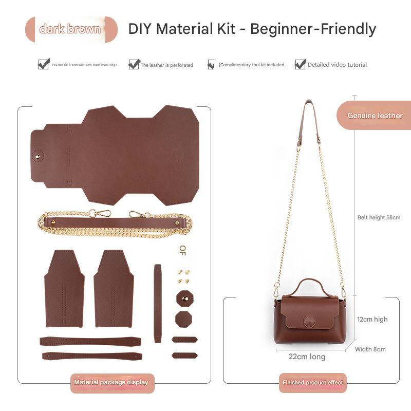 Dark brown Leather Bag DIY Kit โ Geometric Shoulder Bag Making Material Set with Pre-Punched Cowhide, Tools for Hand Stitching