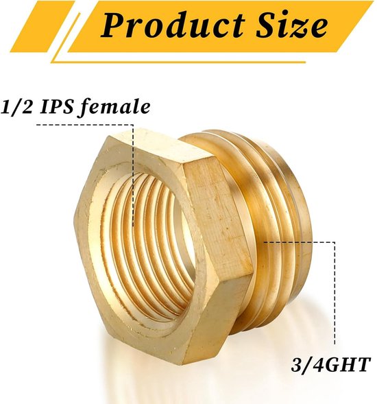 2-Pack - G 1/2" BSP Female to GHT 3/4 Male Hose Connector - Brass Garden Hose Connector - Threaded Pipe Connector - Hose Connector, Water Hose Connector — image 4