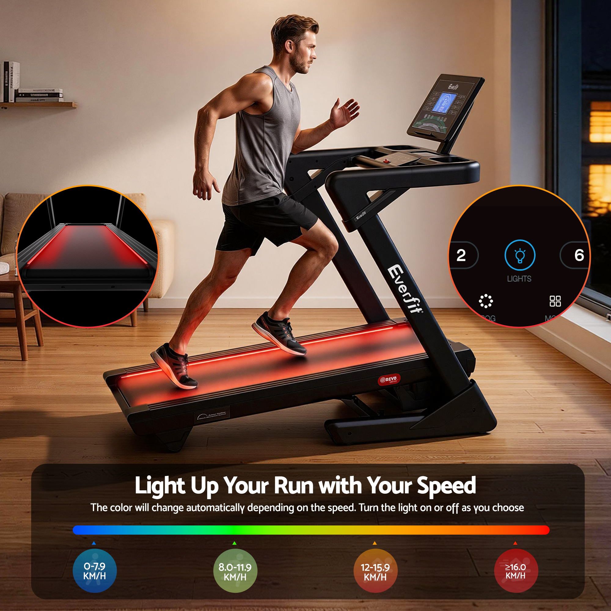 Everfit 500mm Wide Belt Treadmill 30% Auto Incline Foldable Treadmills for Home with LED Lights — image 3